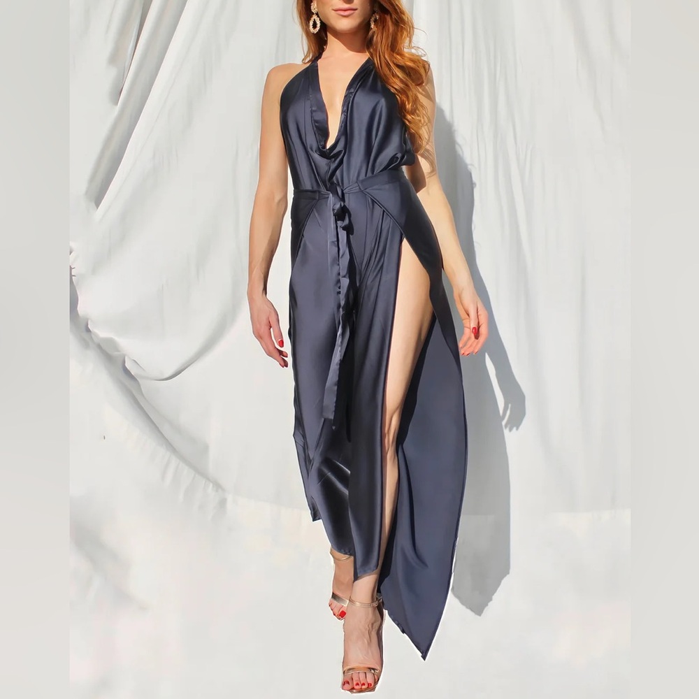 BALIAWEAR standard jumpsuit wrap pants in steel blue satin - Picture 7 of 15